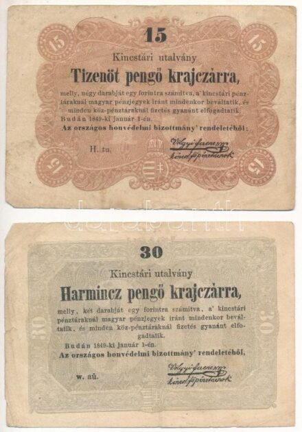 1849. 15kr + 30kr 'Kossuth bankó' T:III Adamo G102, G103