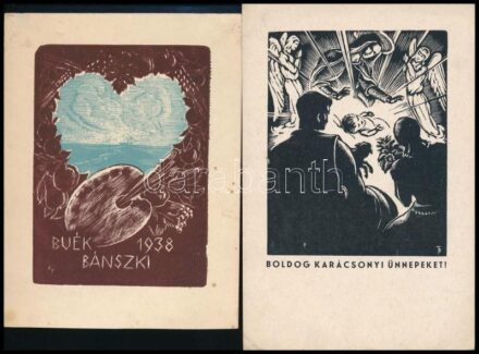 Bánszki Tamás (1892-1971): 3 db alkalmi kisgrafika (BUÉK 1938; Boldog Karácsonyi Ünnepeket!; Nagy Anna és Dr. Szilágyi István házasságot kötöttek), 1938-1939 körül. Jelzettek, kissé foltos lapok, 10x8 cm és 12x10,5 cm között