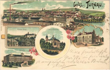 1898 (Vorläufer) Turnov, Turnau; Gross-Skal, Gross-Rohozec, Sokolovna, Kasern / general view, castle, Sokol building, military barracks. Josefa Werich Art Nouveau, floral, litho (r)