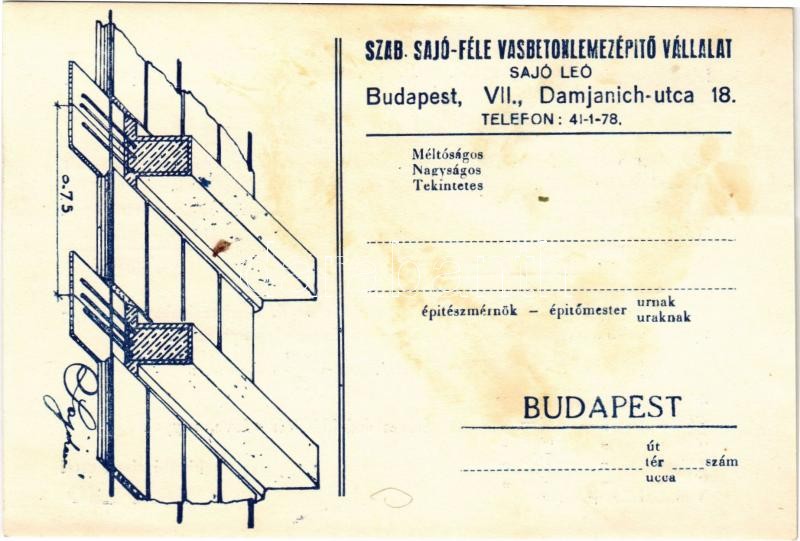 Sajófödém 75-ös. Sajó Leó-féle Vasbetonlemezépítő Vállalat reklámja. Budapest, Damjanich utca 18. (fl)