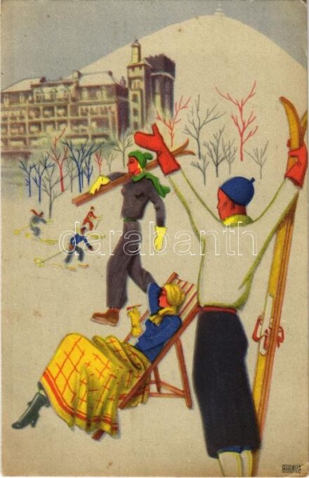 Budapest XII. Svábhegyi Szanatórium Klimatikus Diétás Gyógyintézet reklámlapja síelőkkel, téli sport. Globus (EK)