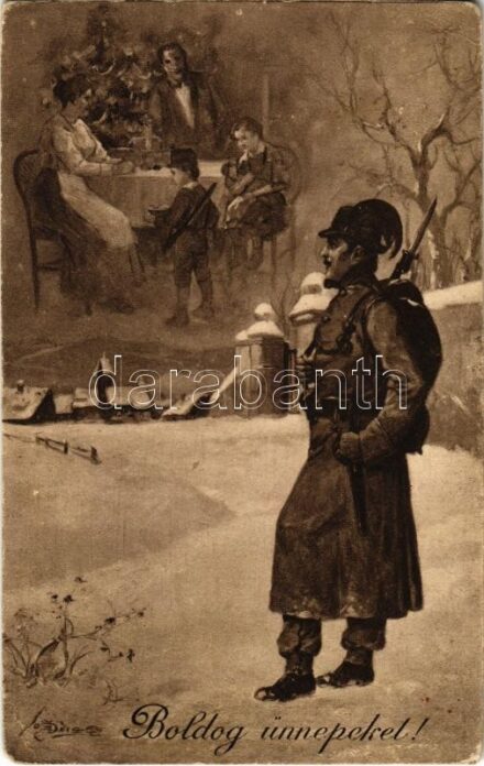 1914 Boldog ünnepeket! Kakastollas magyar csendőr / Hungarian gendarme, military greeting (EK)