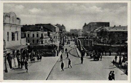 Ungvár, Uzshorod, Uzhhorod, Uzhorod; Fencikovo námestí / tér, híd, üzletek / square, bridge, shops + '1938 Ungvár visszatért' So. Stpl.