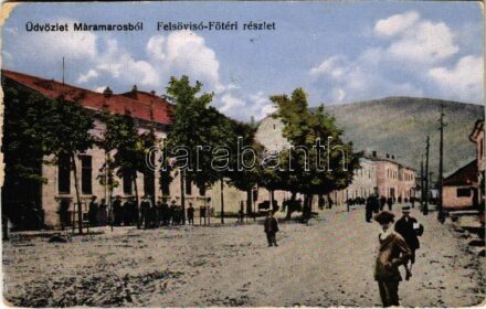 Felsővisó, Viseu de Sus; Fő tér. Berger Miksa utóda kiadása / main square + '1940 Máramarossziget visszatért' So. Stpl. (vágott / cut)