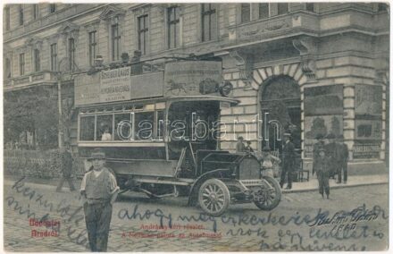 1909 Arad, Andrássy tér, Neuman Palota, autóbusz (rajta Scheiber Lajos vasúti étterme és a Hungária kávéház reklámja. Ruhm Ödön felvétele, Kerpel Izsó kiadása / square, palace, autobus with restaurant and café advertisement (EK)