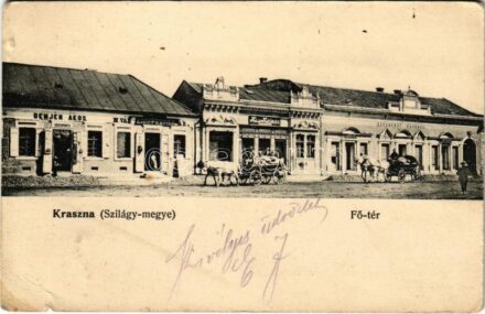 Kraszna, Crasna; Fő tér, Demjén Ákos, Kiss Kálmán üzlete, Széchenyi kávéház. Korbuly Antal kiadása / main square, shops, café (EB)