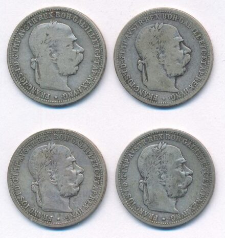 Ausztria 1893-1896. 1K Ag 'Ferenc József' (4xklf) T:2-,3 patina Austria 1893-1896. 1Corona Ag 'Franz Joseph' (4xdiff) C:VF,F patina Krause KM#2804