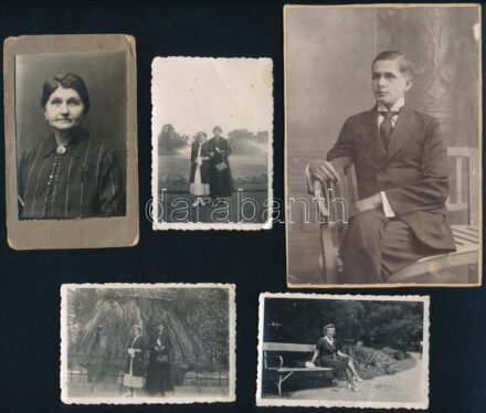 cca 1910-1950 5 db Apáti Abkarovics Béla (1888-1957) festőművész családtagjairól, rokonairól készült vintage fotó, részben sérült és foltos, 9x6 és 14,5x10 cm közötti méretekben