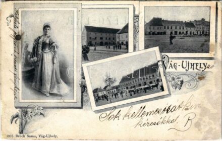 Vágújhely, Waag-Neustadt, Nové Mesto nad Váhom; Fő tér, piac, helybeli jegyzőné. Brück Samu kiadása / main square, market, street view, notary's wife. Art Nouveau, floral (r)