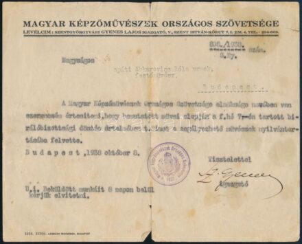 1938 Magyar Képzőművészek Országos Szövetsége által Apáti Abkarovics Béla (1888-1957) festőművész részére kiállított értesítés, mely szerint segélyezhető művészek nyilvántartásába felvették. Szentgyörgyvári Gyenes