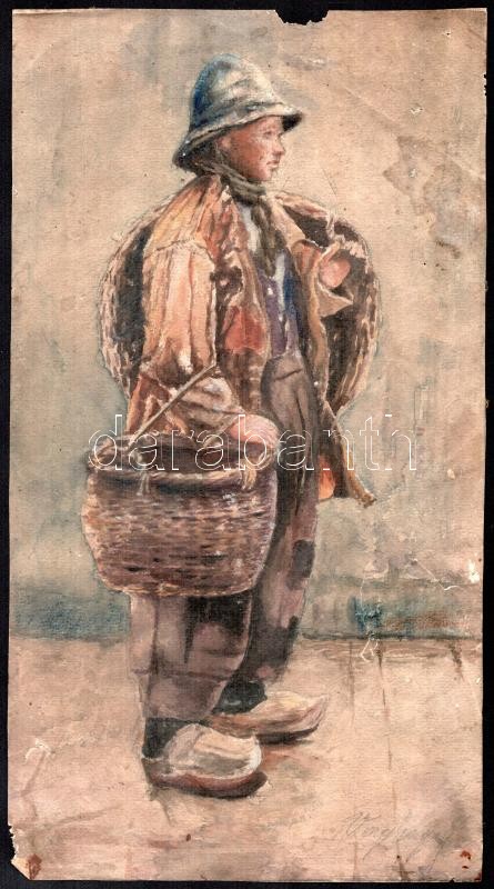 Olvashatatlan jelzéssel, 1900 körül működött magyar művész: Legényke kosárral. Akvarell, papír, sérült. 34x18,5 cm