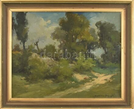 Olvashatatlan jelzéssel (Sárközi József?): Zöldellő táj. Olaj, vászon. Dekoratív, kopott fa keretben. 40x50 cm