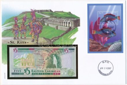 Kelet-Karibi Államok/St. Kitts bankjegyes pecsételt és bélyeges boríték benne Kelet-Karibi Államok/Antigua és Barbuda 2000. 5$ T:I Eastern Caribbean States/St. Kitts sealed envelope with stamp, inside Eastern Caribbean States/Antigua and
