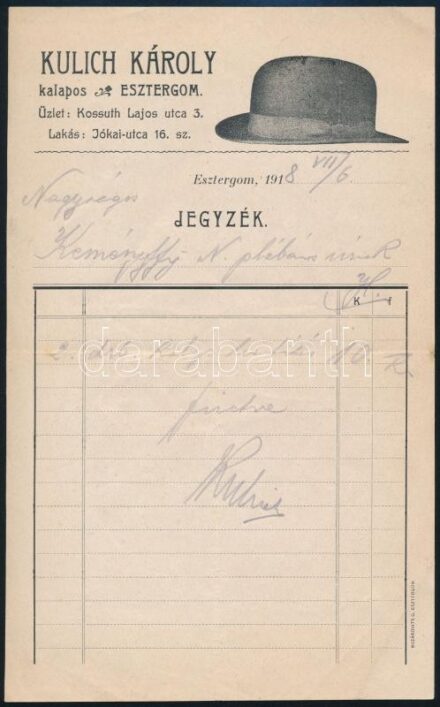 1918 Esztergom, Kulich Károly esztergomi kalapos mester számlajegyzéke, hajtott, jó állapotban