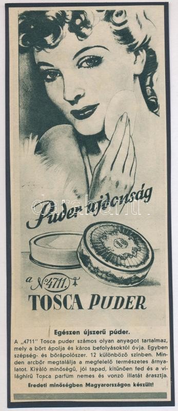 cca 1930-1940 'Puder ujdonság a N. 4711. Tosca Puder', reklám nyomtatvány, papír kartonra kasírozva, 26x10 cm