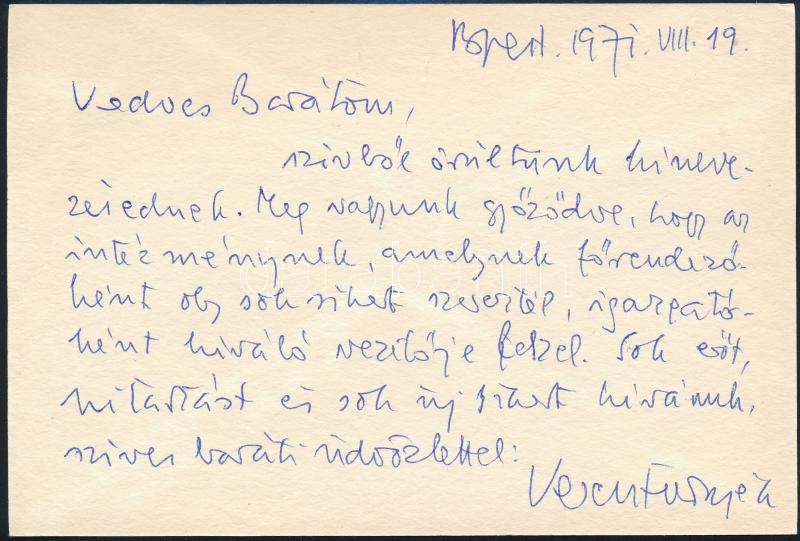 1971 Keresztury Dezső (1904-1996) író, kritikus, egyetemi tanár saját kézzel írt és aláírt gratulációja Marton Endrének, a Nemzeti Színház igazgatói kinevezéséhez, eredeti borítékjában
