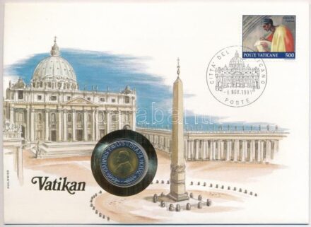 Vatikán 1990. 500L bimetál 'II. János Pál' felbélyegzett borítékban, bélyegzéssel, német nyelvű tájékoztatóval T:1 Vatican City 1990. 500 Lire bimetallic 'John Paul II' in envelope with stamp, cancellation and a prospectus in german