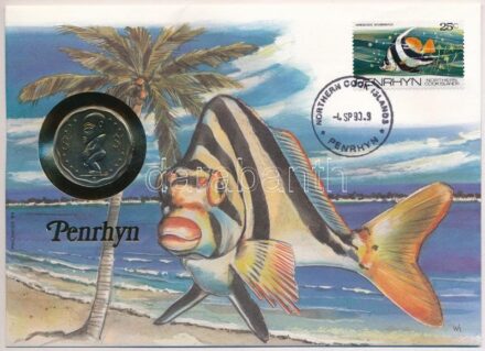Cook-szigetek / Penrhyn 1992. 1$ Cu-Ni felbélyegzett borítékban, bélyegzéssel, német nyelvű tájékoztatóval T:1 Cook Islands / Penrhyn 1992. 1 Dollar Cu-Ni in envelope with stamp, cancellation and a prospectus in german C:UNC