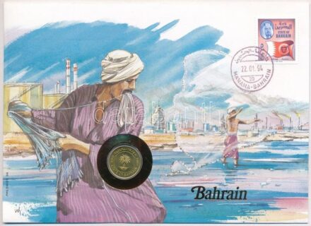 Bahrein 1992. 5f sárgaréz felbélyegzett borítékban, bélyegzéssel, német nyelvű tájékoztatóval T:1- patina, kis karc Bahrain 1992. 5 Fils brass in envelope with stamp, cancellation and a prospectus in german C:AU patina, small scratches
