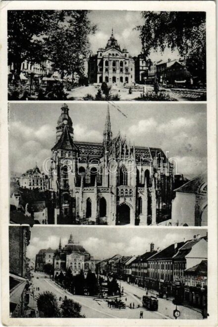 1938 Kassa, Kosice; színház, székesegyház, villamos / cathedral, theatre, tram + '1938 Kassa visszatért' So. Stpl. (EK)