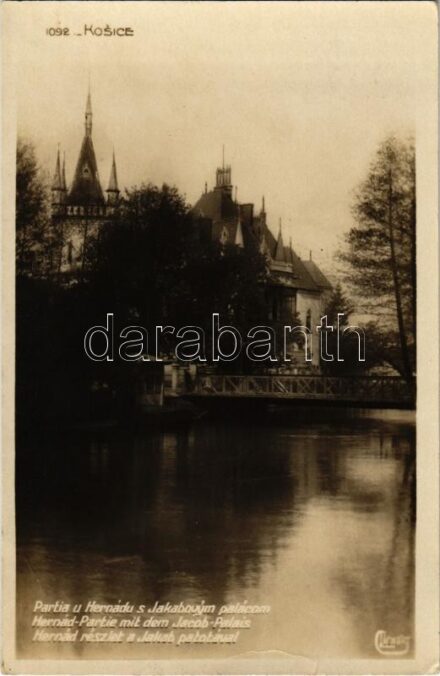 1927 Kassa, Kosice; Hernád részlet a Jakab palotával / riverside, palace, bridge (kis szakadás / small tear)