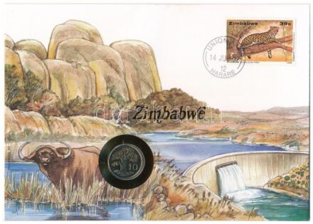 Zimbabwe 1991. 10c Cu-Ni felbélyegzett borítékban, bélyegzéssel, német nyelvű tájékoztatóval T:1- patina Zimbabwe 1991. 10 Cents Cu-Ni in envelope with stamp, cancellation and a prospectus in german C:AU patina