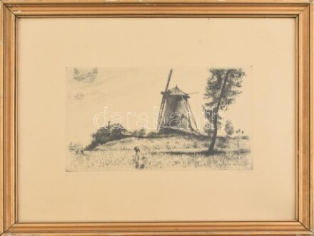 Varga Nándor Lajos (1895-1978): Dusnoki szélmalom. Rézkarc, papír, jelzett, üvegezett fa keretben, 19,5×32 cm