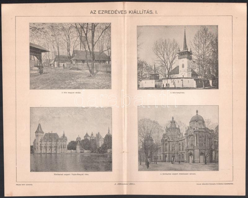 Az Ezredéves kiállítás, 4 db illusztrált melléklet a Pallas Nagy Lexikonából (a 'Millennium' cikkhez), 29,5x23,5 cm