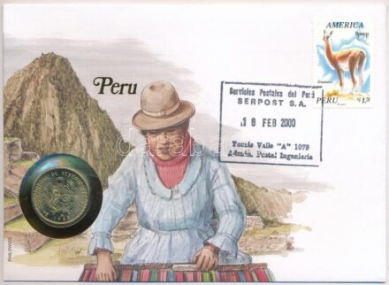 Peru 1988. 5I Cu-Ni érme felbélyegzett borítékban, bélyegzéssel, német nyelvű tájékoztatóval T:1- patina, kis karc Peru 1988. 5 Intis Cu-Ni coin in envelope with stamp, cancellation and a prospectus in german C:AU patina, small scretches
