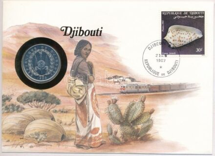 Dzsibuti 1986. 5Fr Al érme felbélyegzett borítékban, bélyegzéssel, német nyelvű tájékoztatóval T:1 Djibouti 1986. 5 Francs Al coin in envelope with stamp, cancellation and a German language information sheet C:UNC