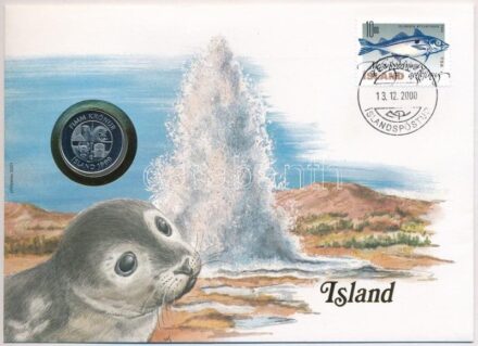Izland 1999. 5Kr acél érme felbélyegzett borítékban, bélyegzéssel, német nyelvű tájékoztatóval T:1- patina, kis karc Iceland 1999. 5 Kronur steel coin in envelope with stamp, cancellation and a prospectus in german C:AU patina, small