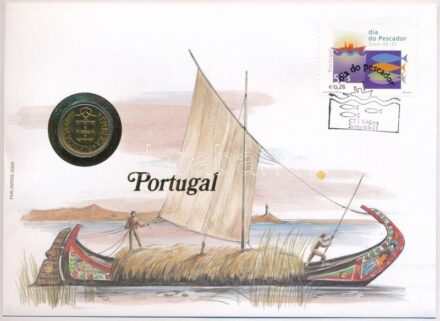 Portugália 1998. 5e érme felbélyegzett borítékban, bélyegzéssel, német nyelvű tájékoztatóval T:1 patina Portugal 1998. 5 Escudos coin in envelope with stamp, cancellation and a prospectus in german C:UNC patina