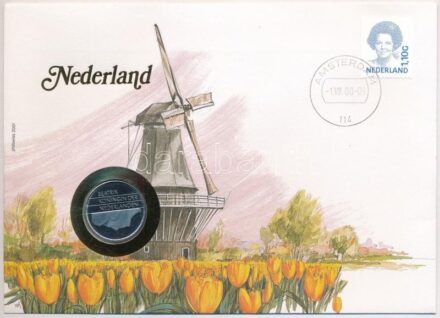 Hollandia 2000. 1G Ni érme felbélyegzett borítékban, bélyegzéssel, német nyelvű tájékoztatóval T:1- kis karc Netherlands 2000. 1 Gulden Ni coin in envelope with stamp, cancellation and a prospectus in german C:AU small scretches