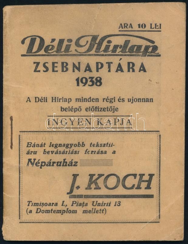 1938 Temesvár, Déli Hírlap zsebnaptára, reklámokkal