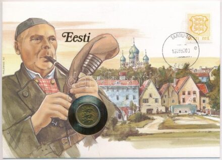 Észtország 1992. 50s Cu-Al-Ni felbélyegzett borítékban, bélyegzéssel, német nyelvű tájékoztatóval T:1 patina Estonia 1992. 50 Senti Cu-Al-Ni in envelope with stamp, cancellation and a prospectus in german C:UNC patina
