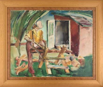 Jelzés nélkül: Favágó. Olaj, vászon. 65x80 cm. Dekoratív fa keretben