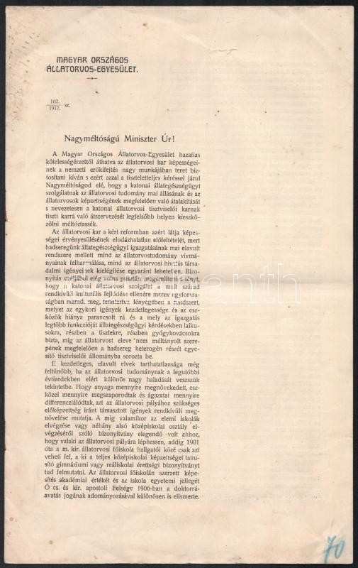 1917 Magyar Állatorvos Egyesület előterjesztése hat oldal