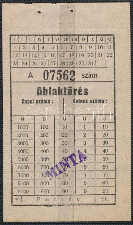 cca 1950 Ablaktörés MÁV birság szelvény minta