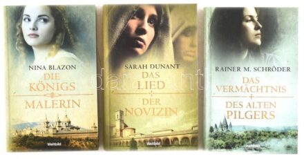 3 db német nyelvű regény: Dunant, Sarah: Das Lied der Novizin; Schröder, Rainer M.: Das Vermächtnis des alten Pilgers; Blazon, Nina: Die Königsmalerin. Augsburg, 1999-2010, Weltbild. Kiadói kartonált papírkötés.