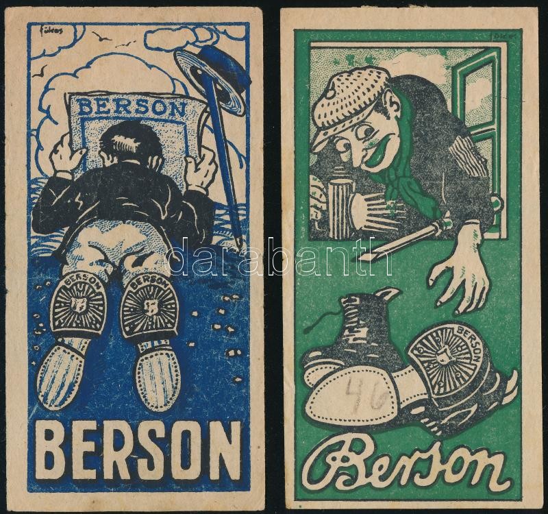 Berson cipősarok számolócédula, 2 db, egyik Földes Imre (1881-1948) grafikája