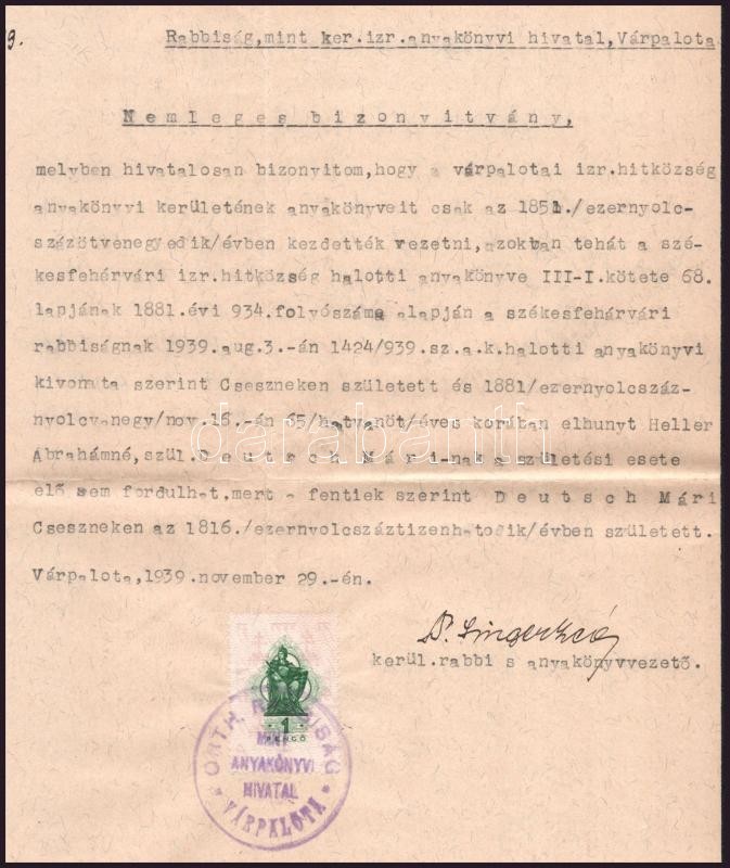 1939 Várpalota, rabbiság által kiállított nemleges bizonyítvány, kerületi rabbi aláírásával - Image 2