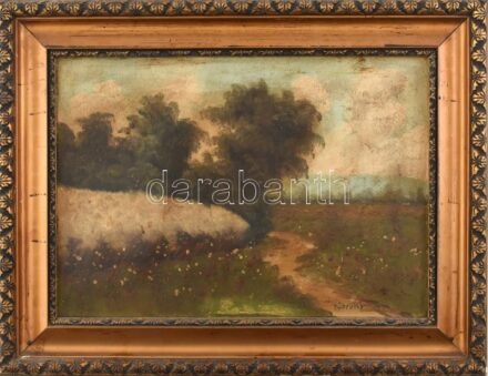 Püspöky M jelzéssel: Tavaszi mező. Olaj, karton. kissé sérült keretben. 25x34 cm.