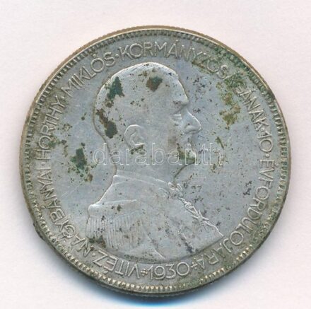 1930. 5P Ag 'Horthy jobbra' T:3 patina Adamo P8