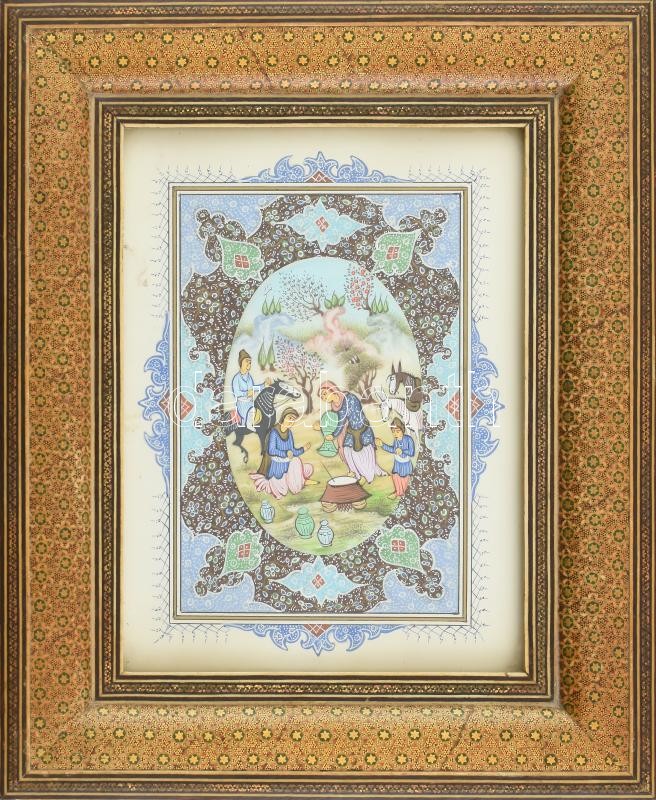 Jelzés nélkül: Iráni akvarell. Üvegezett, keleti mintád keretben. 24x18 cm