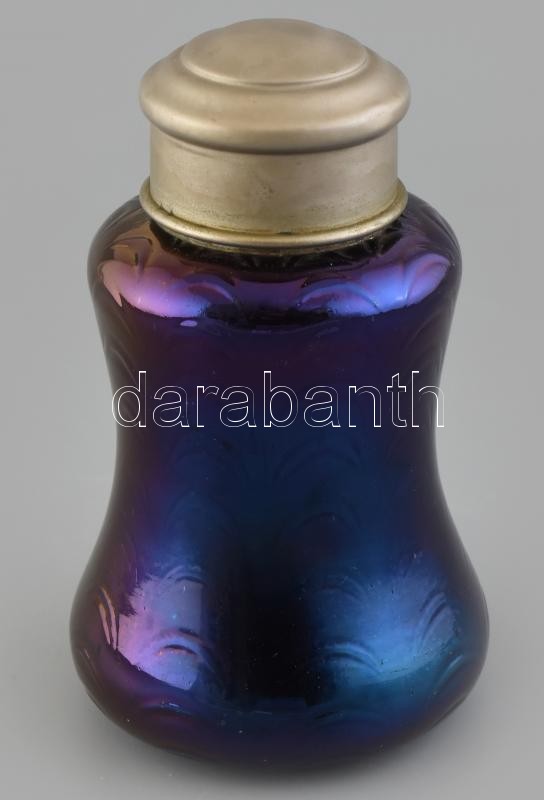 Irizáló fűszertartó üveg, aromazáró fém kupakkal, kis kopásnyomokkal, m: 16,5 cm