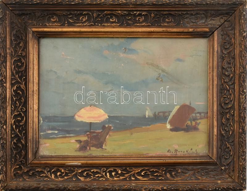 Rona Károly jelzéssel: Tengerpart. Olaj, karton. Üvegezett, sérült keretben. 23x17 cm