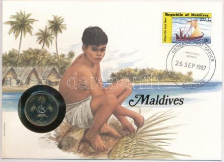 Maldív-szigetek 1982. 1R acél felbélyegzett borítékban, bélyegzéssel, német nyelvű leírással T:1 patina Maldives 1982. 1 Rufiyaa steel in envelope with stamp, cancellation and a prospectus in german C:UNC patina