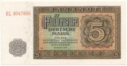 Német Demokratikus Köztársaság 1948. 5M hét számjegyes 'EL 8047896' sorszámmal T:I German Democratic Republic 1948. 5 Mark with seven digit serial 'EL 8047896' C:UNC Krause 11.b