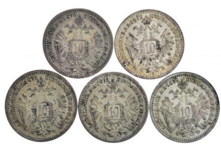 Ausztria 1872. 10kr Ag 'Ferenc József' (5x) T:2-,3 patina Ausztria 1872. 10 Kreuzer Ag 'Franz Joseph' (5x) C:VF,F patina