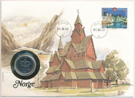 Norvégia 1988. 1K Cu-Ni felbélyegzett borítékban, bélyegzéssel, német nyelvű leírással T:1- patina, kis ph Norway 1988. 1 Krone Cu-Ni in envelope with stamp, cancellation and a prospectus in german C:AU patina, small edge error